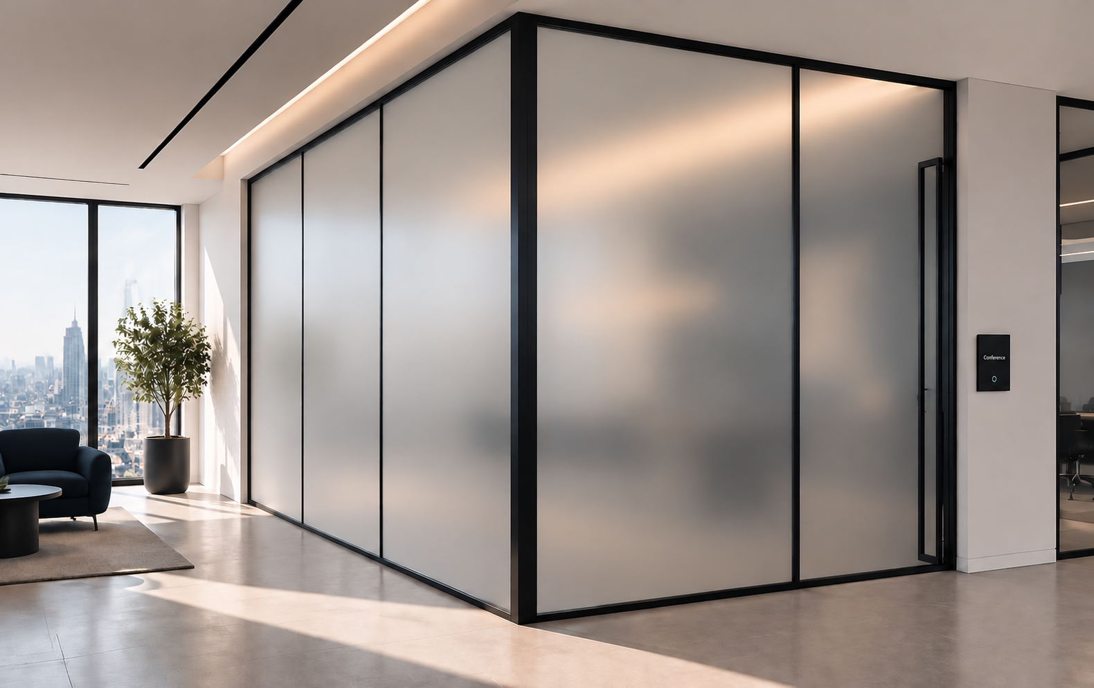 Smart glass installation in its private frosted state