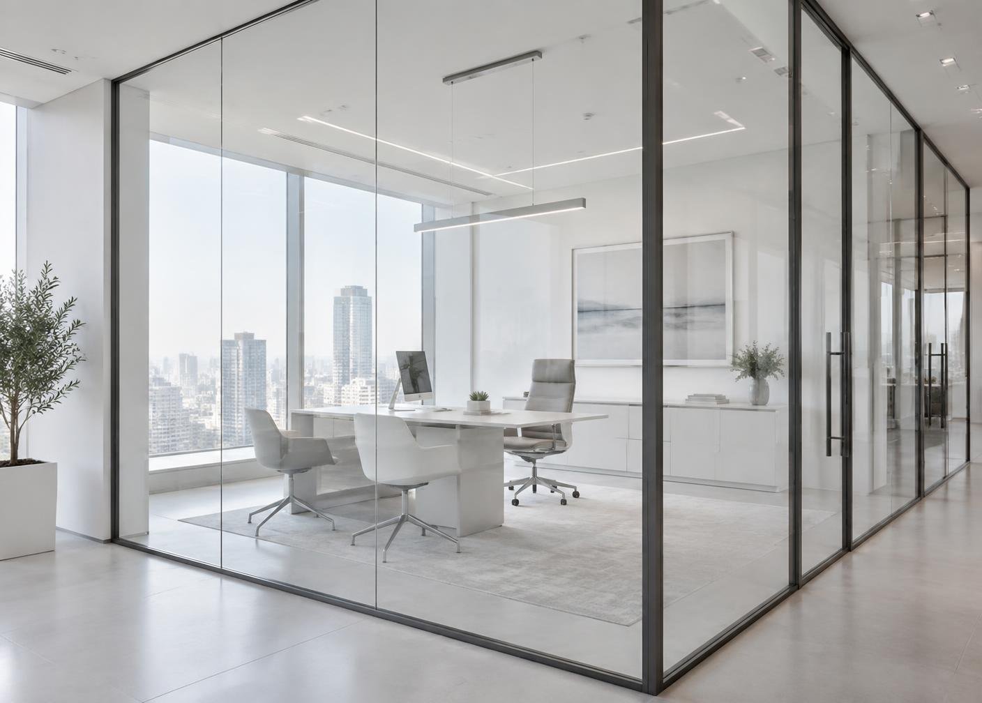 Office glass partition fitted with architectural smart film for privacy
