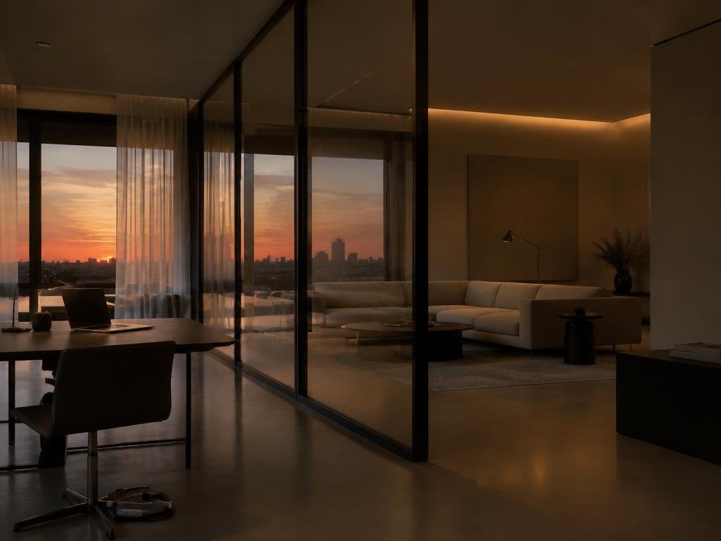 Interior at dusk with scheduled smart glass privacy